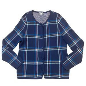 Talbots Women Windowpane Plaid Button Front Cardigan Sweater Navy Blue Size L